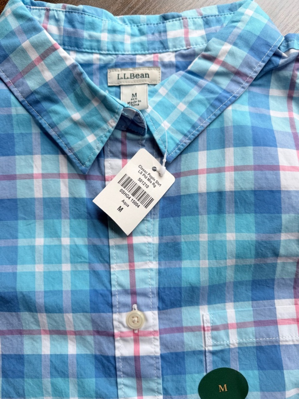 LL Bean Classic Poplin plaid shirt aqua & pink plaid size medium